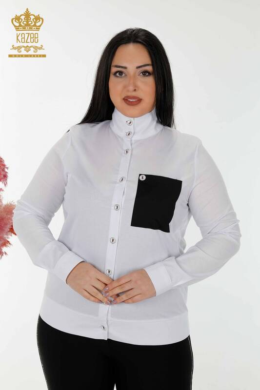 Großhandels-Damenhemd - Tasche detailliert - Weiß Schwarz - 20309 | KAZEE