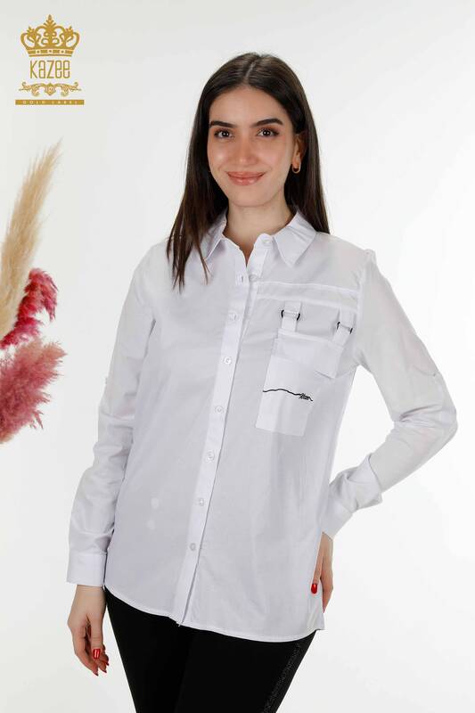 Großhandelsfrauen-Hemd-Taschen-ausführliches Weiß - 20312 | KAZEE