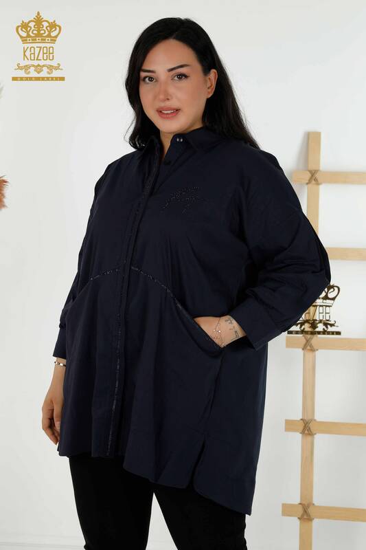 Großhandel Damen Hemd - Zwei Taschen - Marineblau - 20220 | KAZEE