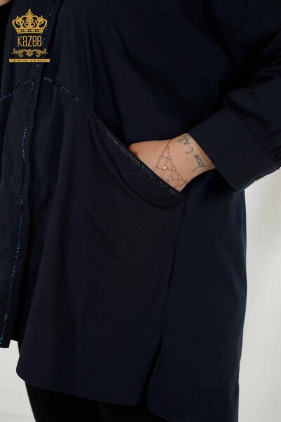 Großhandel Damen Hemd - Zwei Taschen - Marineblau - 20220 | KAZEE - Thumbnail