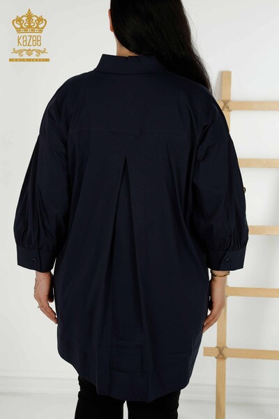 Großhandel Damen Hemd - Zwei Taschen - Marineblau - 20220 | KAZEE - Thumbnail