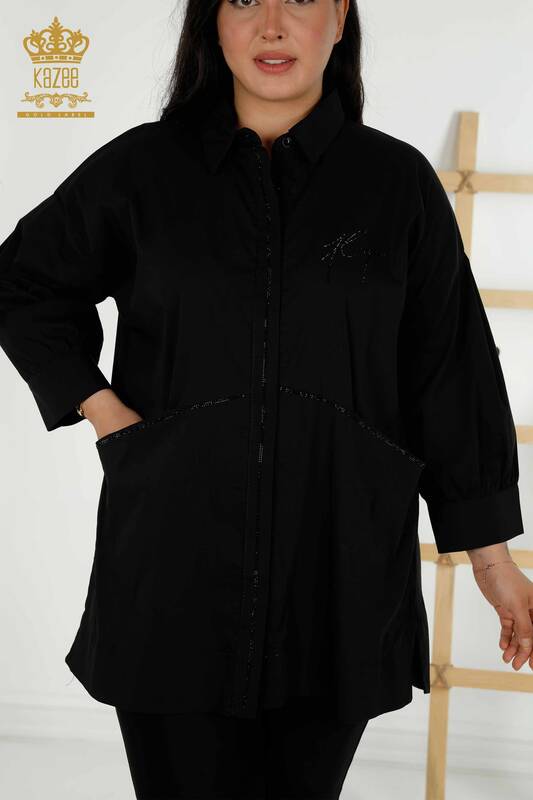 Großhandel Damen Hemd - Zwei Taschen - Schwarz - 20220 | KAZEE