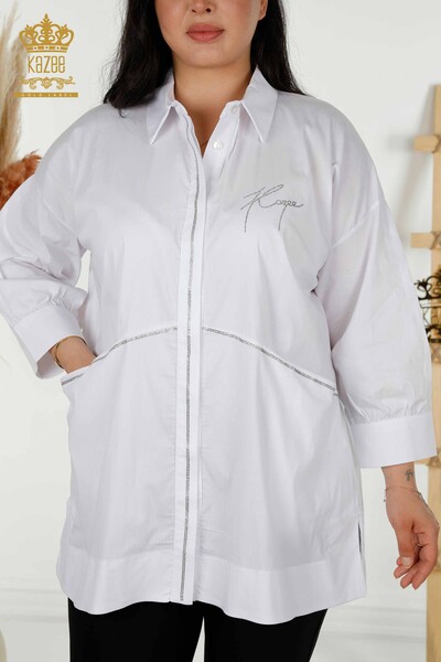 Großhandel Damen Hemd - Zwei Taschen - Weiß - 20220 | KAZEE - Thumbnail