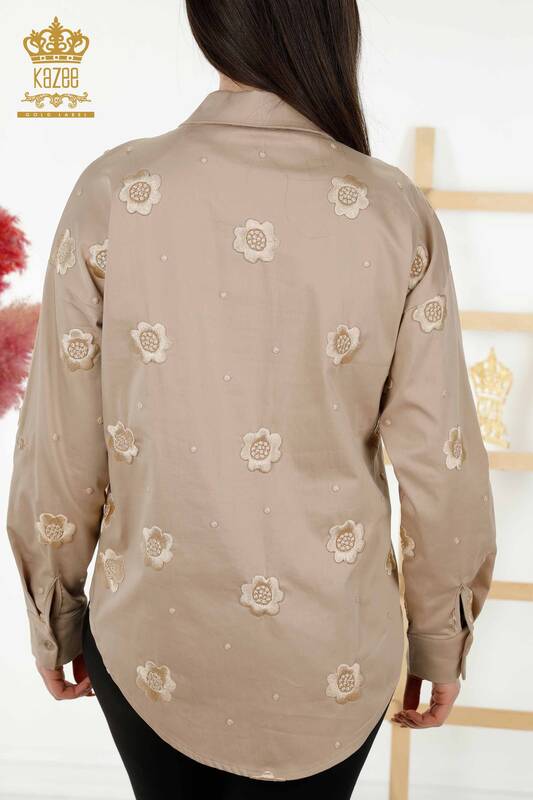 Großhandel Damen Hemd - Mit Blumen bestickt - Beige - 20394 | KAZEE
