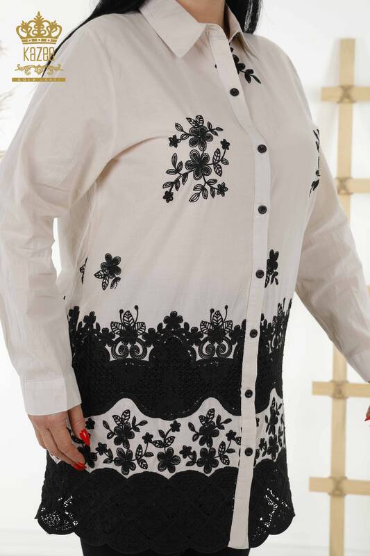 Großhandel Damenhemd Ecru Mit Blumenstickerei - 20354 | KAZEE