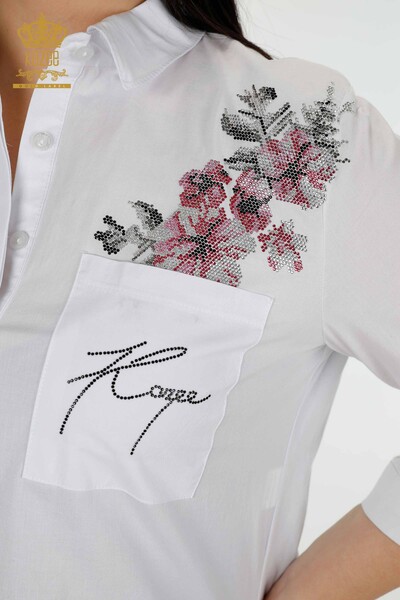 Großhandel Damenhemd Blumen bestickt - Weiß - 20112 | KAZEE - Thumbnail