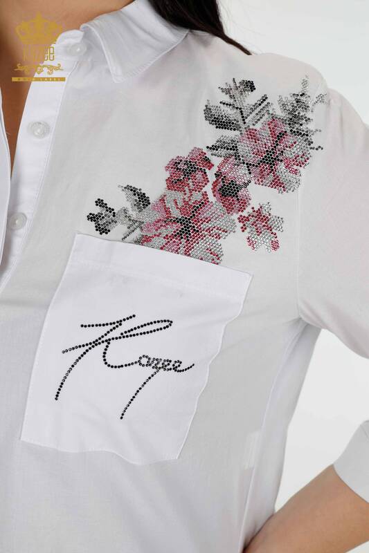 Großhandel Damenhemd Blumen bestickt - Weiß - 20112 | KAZEE