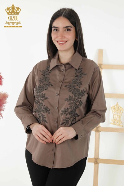 Großhandel Damenhemd - Blumenmuster - Braun - 20249 | KAZEE - Thumbnail