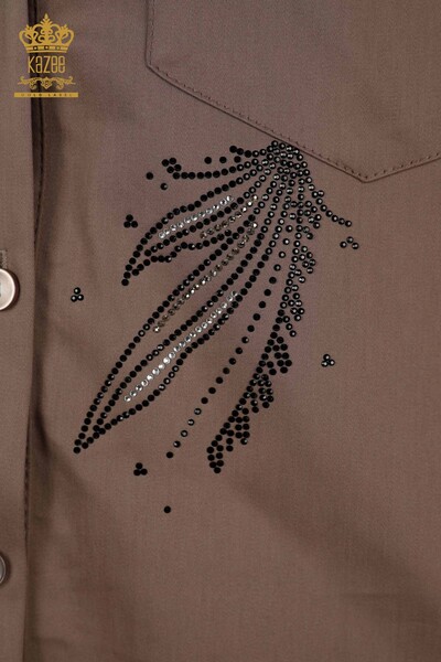 Großhandel Damenhemd Blume Stein bestickt Braun - 20232 | KAZEE - Thumbnail