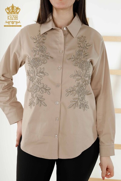 Großhandel Damen Hemd - Blumenmuster - Beige - 20249 | KAZEE - Thumbnail