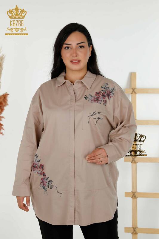 Großhandel Damen Hemd - Blumenmuster - Beige - 20439 | KAZEE