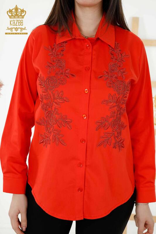 Großhandel Damenhemd - Blumenmuster - Orange - 20249 | KAZEE