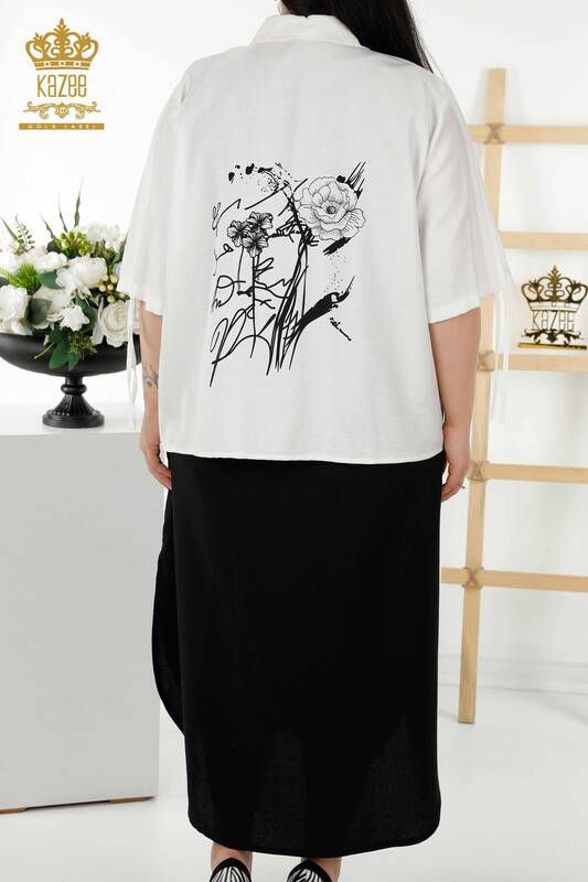 Großhandel Damen Hemdkleid - Blumenmuster - Weiß Schwarz - 20367 | KAZEE