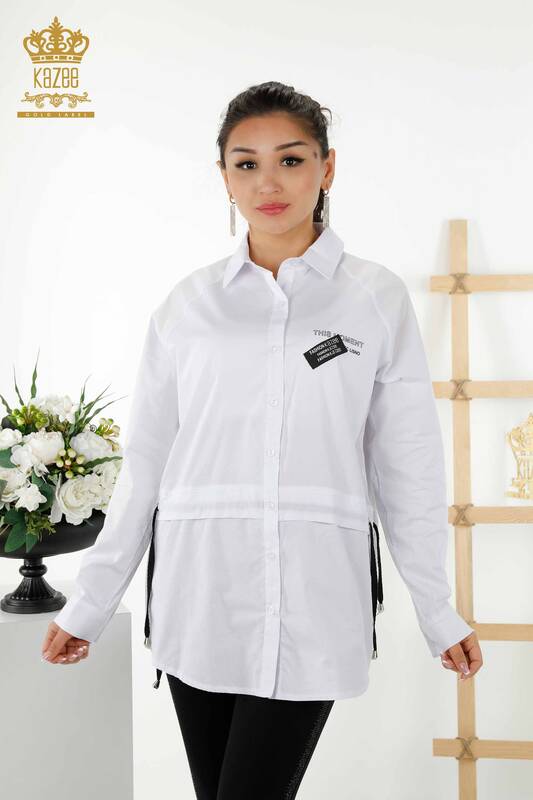 Großhandel Damenhemden - Gebundene Kordel - Weiß - 20355 | KAZEE