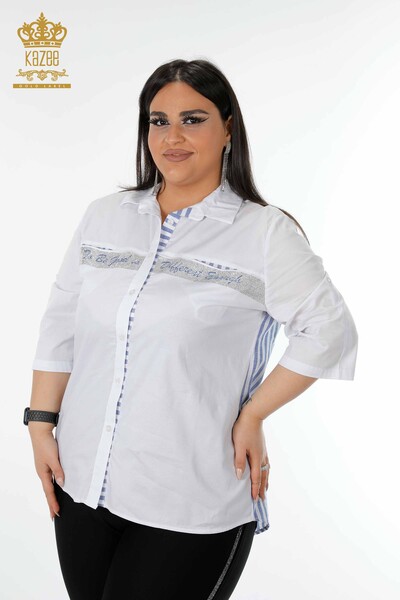 Großhandel Damenhemd - Kristall Stein bestickt - Blau Weiß - 17127 | KAZEE - Thumbnail