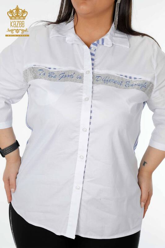 Großhandel Damenhemd - Kristall Stein bestickt - Blau Weiß - 17127 | KAZEE