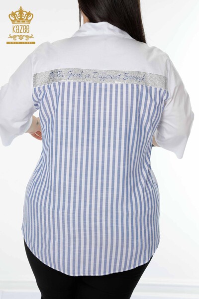 Großhandel Damenhemd - Kristall Stein bestickt - Blau Weiß - 17127 | KAZEE - Thumbnail