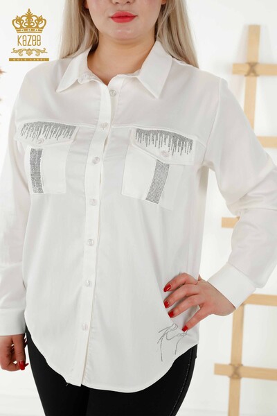 Großhandel Damenhemd - Kristall Stein Bestickt - Ecru - 20239 | KAZEE - Thumbnail