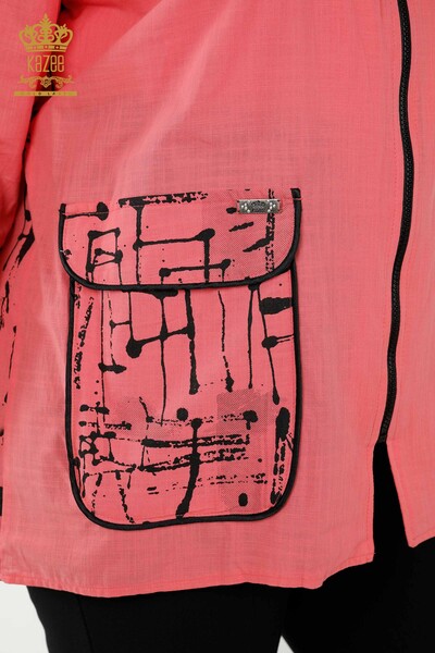 Großhandel Damenhemd Reißverschluss Tasche Koralle - 20315 | KAZEE - Thumbnail