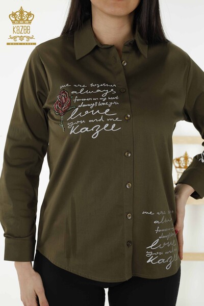 Großhandel Damenhemd Rose gemustert Khaki - 20227 | KAZEE - Thumbnail