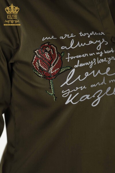Großhandel Damenhemd Rose gemustert Khaki - 20227 | KAZEE - Thumbnail