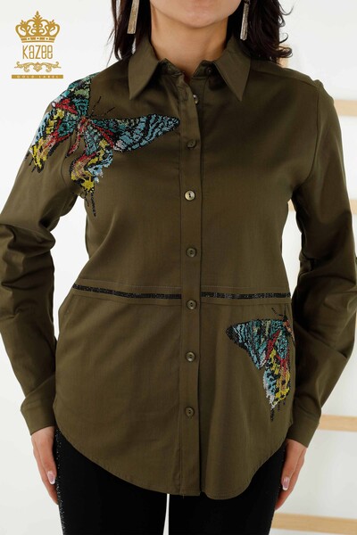 Großhandel Damenhemd - Schmetterlings Muster - Khaki - 20235 | KAZEE - Thumbnail