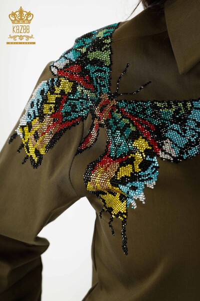 Großhandel Damenhemd - Schmetterlings Muster - Khaki - 20235 | KAZEE - Thumbnail