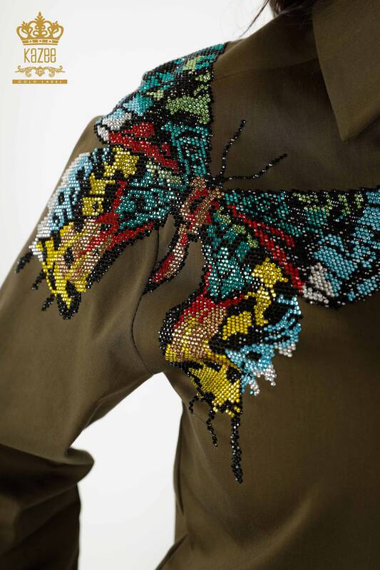 Großhandel Damenhemd - Schmetterlings Muster - Khaki - 20235 | KAZEE
