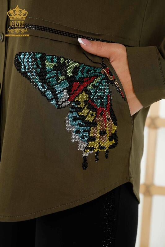 Großhandel Damenhemd - Schmetterlings Muster - Khaki - 20235 | KAZEE