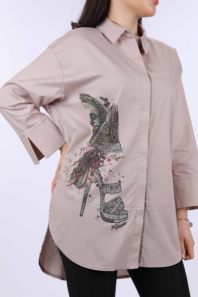 Großhandel Damen hemd - Schmetterlings muster - Übergröße - Steinbestickt - 20066 | KAZEE - Thumbnail