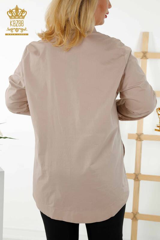 Großhandel Damenhemd Stein bestickt Beige - 20008 | KAZEE