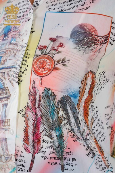Großhandel Damenhemd Stein bestickt Digitales Muster - 20359 | KAZEE - Thumbnail