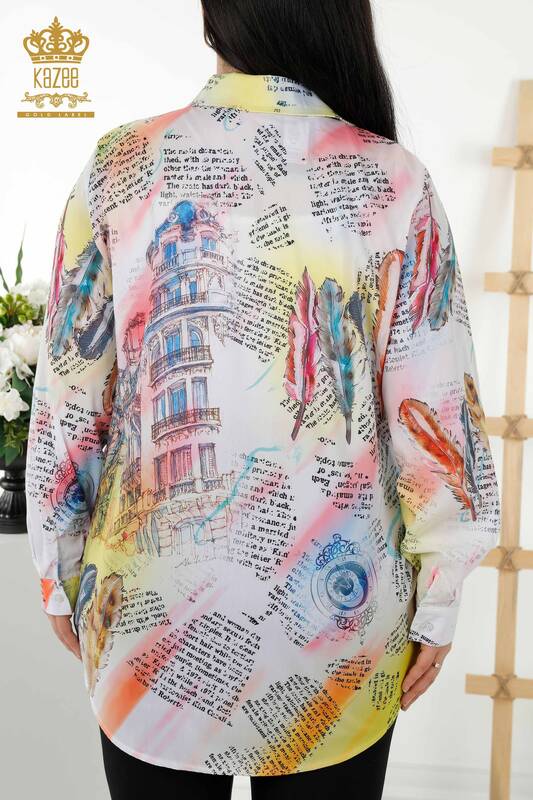 Großhandel Damenhemd Stein bestickt Digitales Muster - 20359 | KAZEE