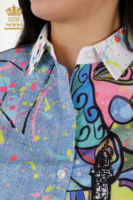 Großhandel Damenhemd Stein bestickt Digitales Muster - 20362 | KAZEE