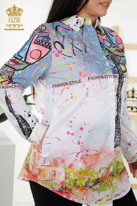 Großhandel Damenhemd Stein bestickt Digitales Muster - 20362 | KAZEE