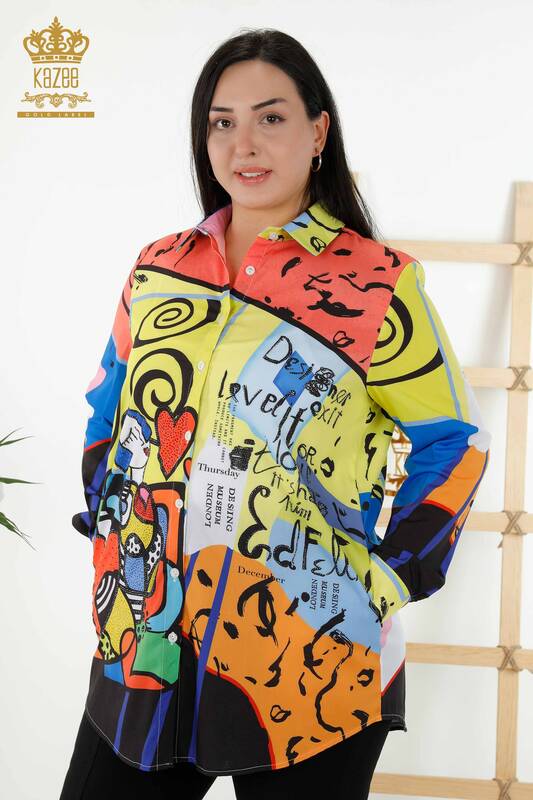 Großhandel Damenhemd Stein bestickt Digitales Muster - 20364 | KAZEE