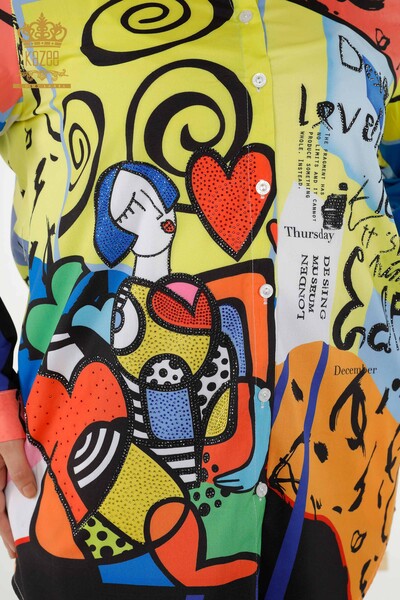 Großhandel Damenhemd Stein bestickt Digitales Muster - 20364 | KAZEE - Thumbnail