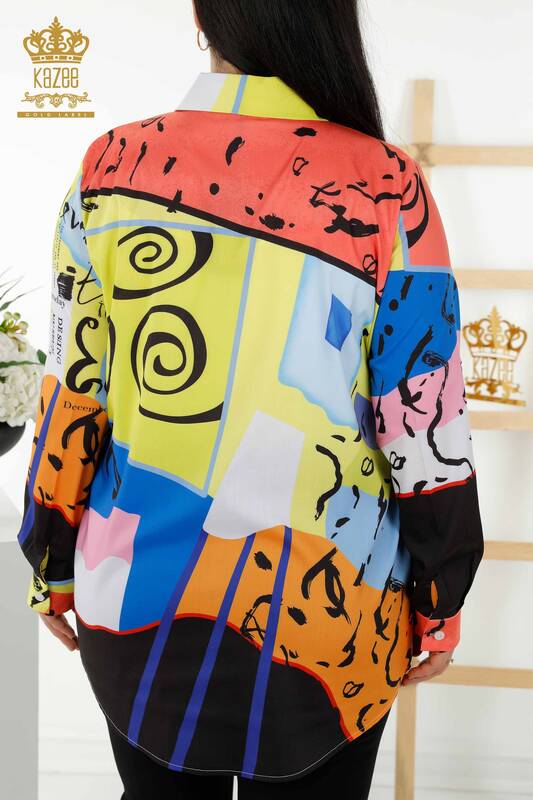 Großhandel Damenhemd Stein bestickt Digitales Muster - 20364 | KAZEE