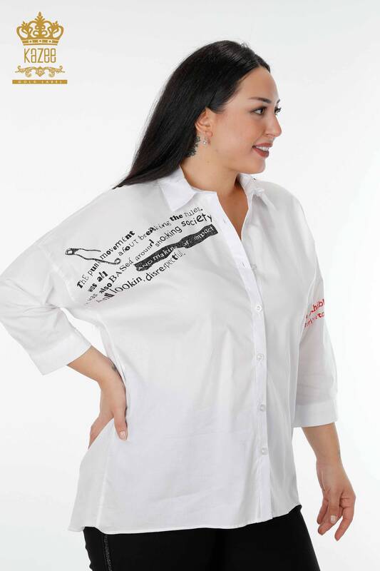 Großhandel Damenhemd - Stein bestickt - Weiß - 20095 | KAZEE