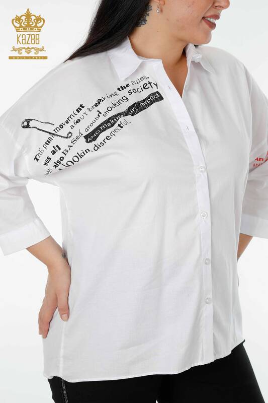 Großhandel Damenhemd - Stein bestickt - Weiß - 20095 | KAZEE