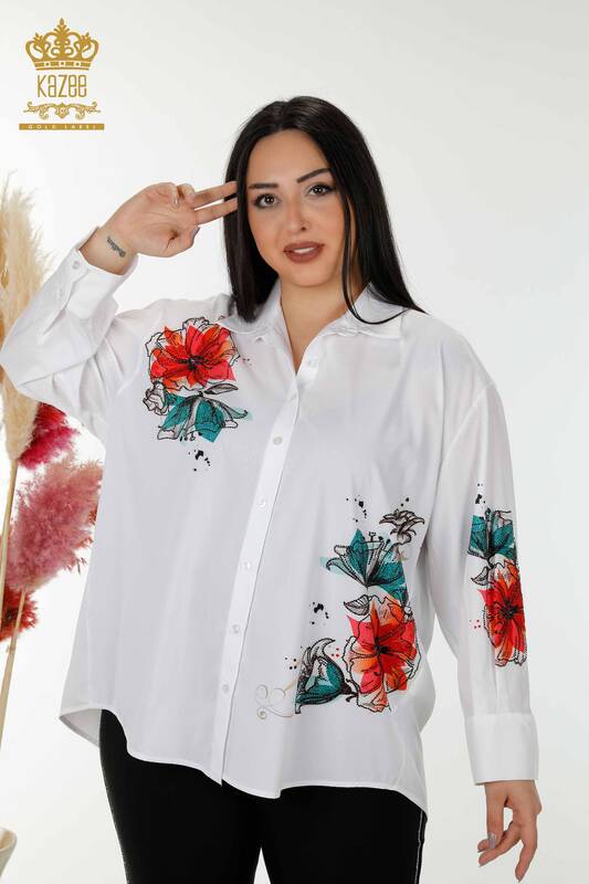 Großhandel Damenhemd Stein bestickt Weiß - 20223 | KAZEE