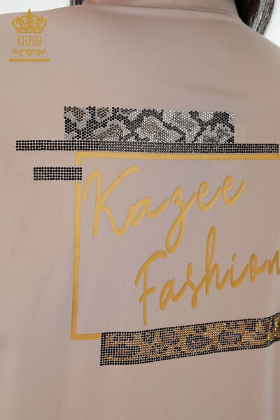 Großhandel Damenhemd - Streifen Stein bestickt - Beige - 20060 | KAZEE - Thumbnail