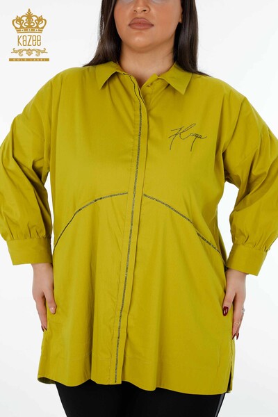 Großhandel Damenhemd - Mit Tasche - Kristall Stein bestickt - Baumwolle - Gestreift - 20203 | KAZEE - Thumbnail