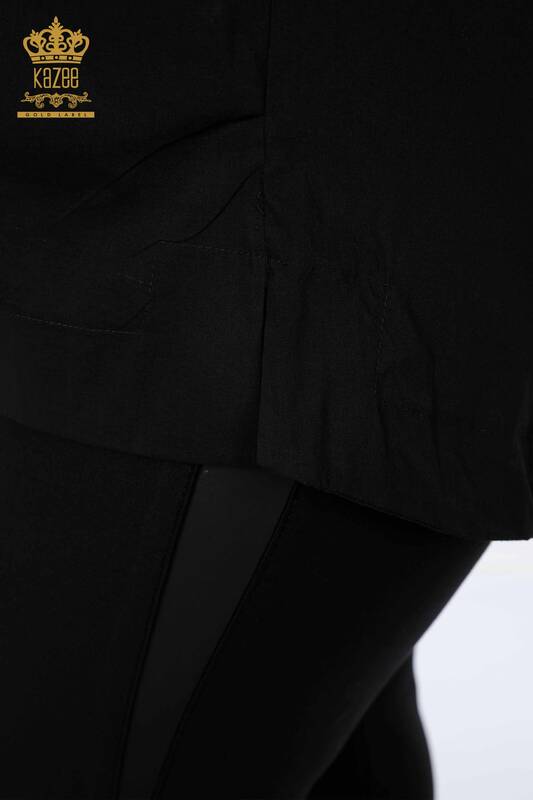 Großhandel Damenhemd - Mit Tasche - Kristall Stein bestickt - Baumwolle - Gestreift - 20203 | KAZEE