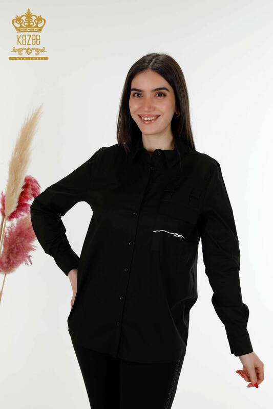 Großhandel Damenhemd Tasche Detailliert Schwarz - 20312 | KAZEE