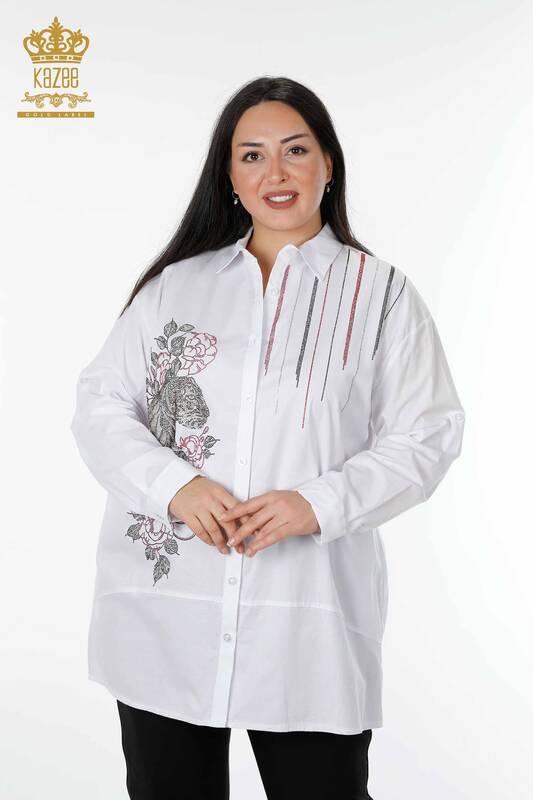 Großhandel Damenhemd - Tiger und Rosenmuster - Weiß - 20191 | KAZEE