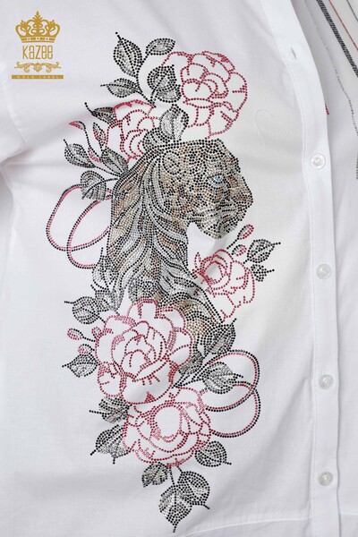 Großhandel Damenhemd - Tiger und Rosenmuster - Weiß - 20191 | KAZEE - Thumbnail