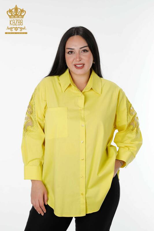 Großhandel Damenhemd Tüll Detaillierter Gelb - 20099 | KAZEE