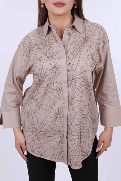 Großhandel für Damenhemden - Große Größe - Gemustert - Mit mehreren Steinen bestickt – 20067 | KAZEE - Thumbnail