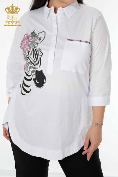 Großhandel Damenhemd - Zebra Blumen muster - Weiß - 20126 | KAZEE - Thumbnail
